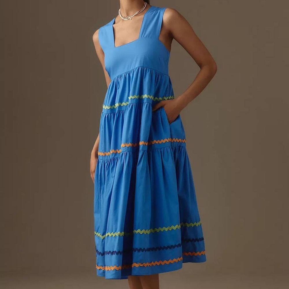 ANTHROPOLOGIE The Helena Square-Neck Tiered Midi Dress Colorful Trim Size L NWT